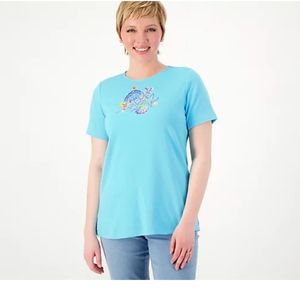 QVC Quacker Factory Beach Comber Short Sleeve Top 3XL Aqua